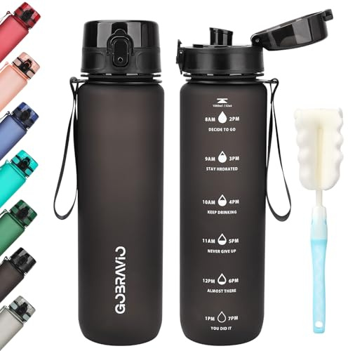 Gobravio Water Bottle 1l, Drinking Bottle BPA Free, Sports Bottle Leakproof Dishwasher Safe Water Bottle for Teenager, Adult, Sports, Hiking, Gym, Outdoor, School & Office