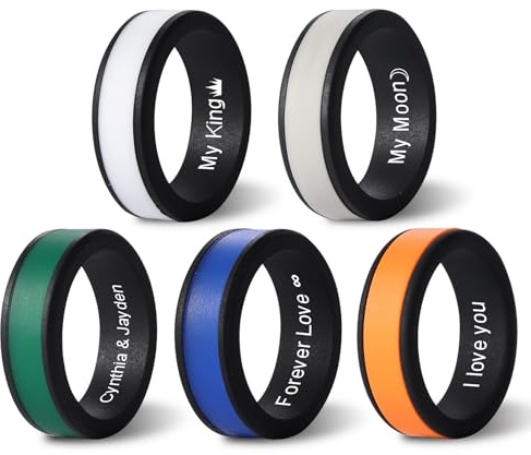 MeMeDIY Personalized Silicone Couple Rings Rubber Wedding Band Rings for Men/Women Custom Silicone Ring Engraved Name/Symbol/Date/Text 5.7MM/8MM Width -F