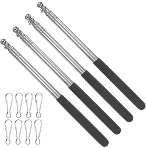 PATIKIL 13 cm teleskopiska handhållna flaggstänger, 4-pack rostfritt stål utdragbar bärbar styrflaggstång med 2 klämmor för reseguider lärarpekare, svart