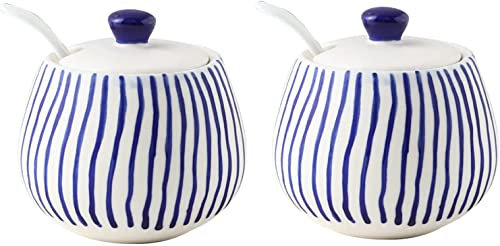 Sucrier en céramique, pot à crème, pot à sucre, sucrier à rayures bleues avec couvercle, pot à sucre de décoration de cuisine, récipient à sucre, pot à épices-bleu 3-1 (couleur : bleu, taille : taille