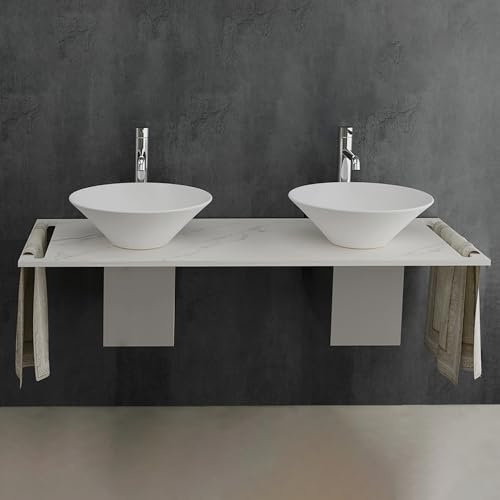 Alpenberger Aufsatzwaschbecken Rund, Waschtischplatte mit Waschbecken Set, Doppelwaschtisch Doppelwaschbecken, Waschtisch mit Handtuchhalter für Bad und Gäste WC (Set 1, 130 cm Breit)