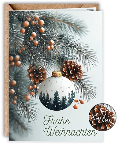HIDEBLOOM Weihnachtskarten mit Umschlag Set Weihachtskugeln - 10 Stück - DIN A6 (10,5 cm x 14,8 cm) - Weihnachtskarten Set - Klappkarte mit Umschlägen Weihnachtskugeln