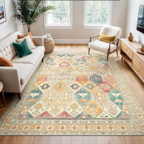 BEIMO Vintage Waschbarer Teppich Wohnzimmer, 150x210cm Gelb | Boho Orientalisch, Großer Weicher Kurzflor Carpet mit Rutschfester für Küche und Bettvorleger Schlafzimmer