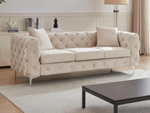 Vente-unique-Divano 3 posti Chesterfield in Velluto Beige - EDWINA