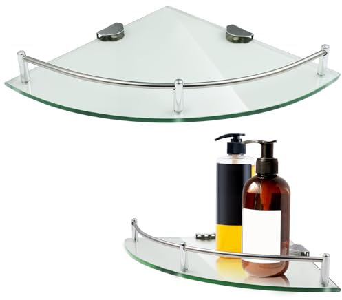 Amosfun 2pcs Glass Corner Shelf, 24x24cm Wall Mounted Shower Shelves with Rail, Space-Saving Gel and Shampoo Storage Holder for Shower, Bathroom