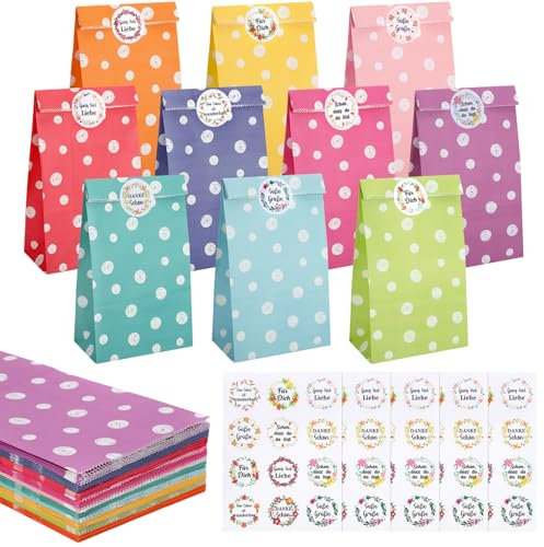 woric 50 Stück Papiertüten, 22x12x7cm Geschenktüten Kindergeburtstag Klein mit 60 Aufkleber(Auf Deutsch) Candy bar Tüten Bunt Mitgebsel Tüten für Weihnachten Geburtstag Hochzeit Party Giveaway