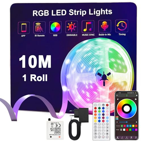 Anmossi Tira LED 10m,24V RGB Tiras LED con IR Control Remoto y Bluethooth App,Sincronización de Música,Modo Temporización,Luces LED Habitación,para Dormitorio,Sala,Cocina,Bar,Fiesta