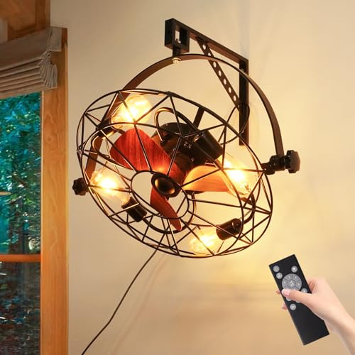 KRIPINC Vintage E27 Deckenventilator mit Beleuchtung und Fernbedienung | Ohne Leuchtmittel, 360 Grad Einstellbar, Flexibel Installation, Umkehrbar, mit 6 Windstärken & Timer für Wohnzimmer Garage
