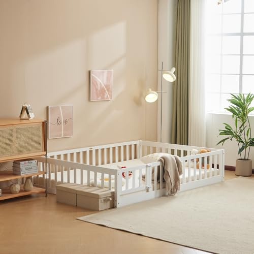 LEADZM 2in1 Bodenbett Montessori Kinderbett mit freiem Tor, Rausfallschutz | Gitterbett, Jugendbett & Einzelbett (weiß, 90×200 cm) – 2 Größen, Tragfähigkeit bis 300 kg, umbaubar