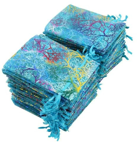 XDMING 100 STÜCKE Blau Organzabeutel Schmuck Verpackungsbeutel Hochzeitsgeschenk Kordelzugbeutel Süßigkeitenbeutel für Hochzeitsfeier Valentinstag