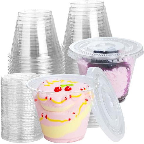 Lekeeu Tazze Bicchieri da Dessert con Coperchio Plastica 50 Pezzi Bicchieri Mini Coppette Riutilizzabil 9 oz per Mousse Budini Gelati Feste Picnic Matrimoni