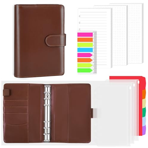 AKONEGE Ringbuch A6 PU-Leder nachfüllbares Notizbuch mit 135 Blatt 6 Löcher A6-Nachfüllpapier, Bindertaschen, Trennblätter, Haftmarkern, Planer-Organizer für Reisen, Arbeit, Schule - Braun