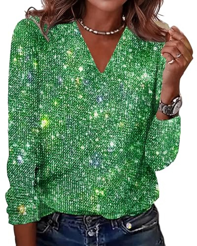 Chemisier Traditionnel Pour Femme Haut Carnaval Sweat Femme Sans Capuche Chemisier Confortable paillettes Blouses Festif Col V Sweat Polyvalent Classique Chemisiers Pour Les Célébrations Vert XL