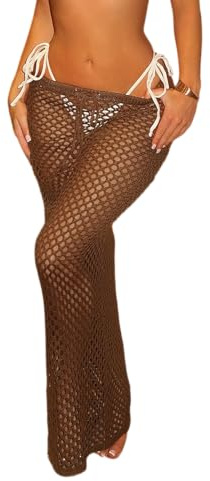 SISKIN Beach Coverups for Women 2026 Mermaid Net Fishnet Siren Bodycon Skirt Knitted for Vacation Brown M