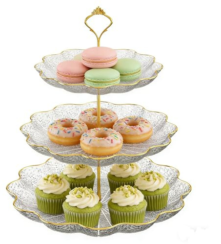 3 Tiers Cake Stand Dessert Cake Stand Round Cupcake Stand Cake Display Stand Afternoon Tea Stand Clear Reusable Cake Serving Stand Server Display Holder for Birthday Wedding Party (Lotus leaf)