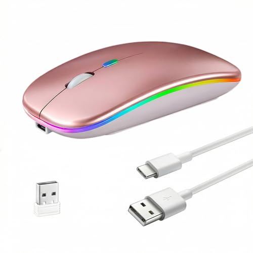 Wireless Bluetooth Mouse for Apple Macbook Pro/Air/Mac/iPad Rechargeale Bluetooth 5.2+USB C+USB A Dual Mode 2.4GHz Optical DPI 800/1200/1600 LED Quiet Click for Laptop Chromebook Computer Pink