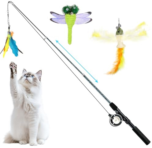 Pawaboo Einziehbar Katzenangel 3 Ersatz Angelköder aus Federn und Glocken | Interaktive Katzenspielzeug, Einstellbare Schnurlänge, Feder-Teaser für Katzen Kätzchen Spaß, Bunt