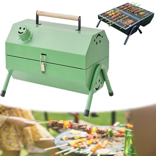 Tragbarer Holzkohlegrill, kompakter Tisch-Holzkohlegrill, mit doppelseitigem Rost, kleiner BBQ-Grill, robustes, innovatives Design, for Camping im Freien, Picknick(Green)
