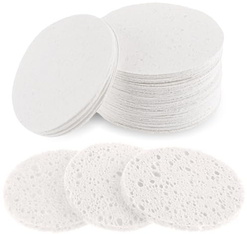 60Pcs Facial Sponges, 100％ Natural Wood Pulp Compressed Face Sponge, Facial Cleansing Sponge Face Exfoliating Pads for Daily Skin Care Deep Cleaning Makeup Removal (White)