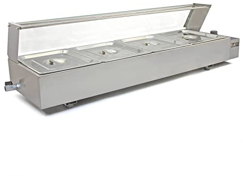 Vitrina Calienta Comida Eléctrica+4 Sártenes con Tapas de Acero Inoxidable (Capacidad 4 x 5.5L) Incluidas Calientaplatos Servidor Buffet Comida Caliente 2 Años Garantía para Cocinas Restaurantes Bares