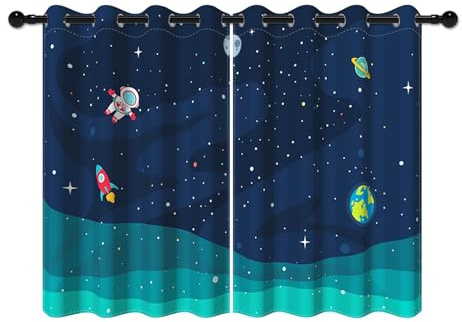YONGFOTO 107x160cm Cortinas Espaciales para Dormitorio Infantil, Universo Galaxia Cohete Planetas Estrellas Astronauta Cortinas Opacas con Ojales para Habitación De Niños, 2 Paneles