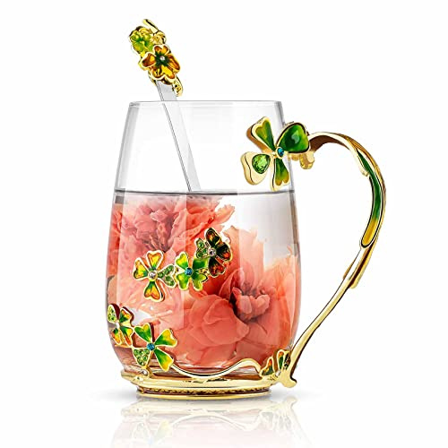 Luka Tech Four-Leaf Clover Flower Glass Tea Cup Gifts for Women | Enamel Coffee Mug Unique Gifts For Wife Mom Friends Birthday Mothers Valentines Day Christmas