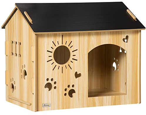 PawHut Hundehütte aus Holz Katzenhaus mit Lüftungsöffnungen niedliches Pfoten-Design Dach Indoor Hundehöhle Haustierhaus für Katzen, Welpen