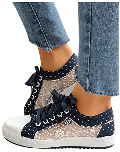 EGSDMNVSQ Baskets Femme Plates avec Motif Fleur en Dentelle, Chaussures de Course en Maille, Sans Lacets, élégant Décontracté en Toile