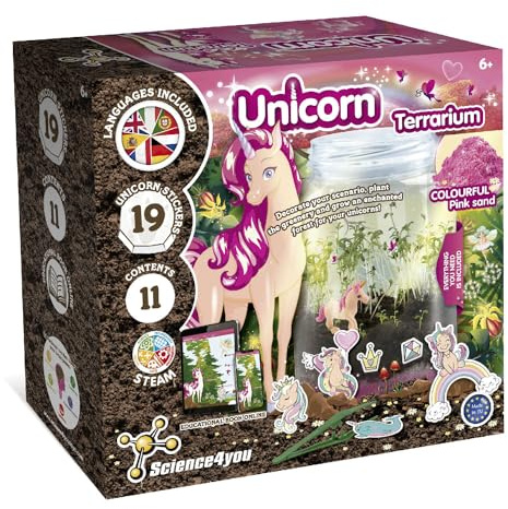 Science4you Ökosystem im Glas - Flaschengarten Komplettset für Kinder + Einhorn Deko für Kinder, Terrarium + 19 Einhorn Sticker, Spiel, Einhorn Geschenke für Mädchen und Jungen, Mittel