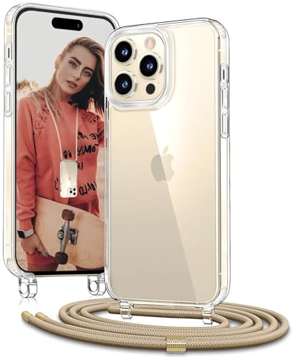 OLEPHY Handykette für iPhone 15 Pro Max Hülle mit Band, Golden | Necklace Handyhülle, Transparente Schutzhülle zum Umhängen [Verstellbarem und Demontage Umhängeband],