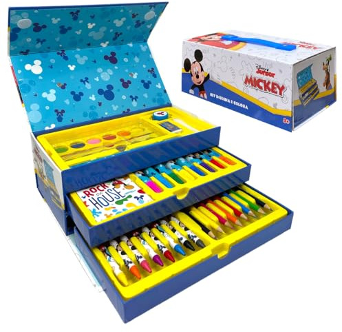 CARTOON Koffer mit Farben für Kinder Disney Micky Maus Set 52 Stück Schreibwaren Box mit Schubladen Zeichen- und Malset