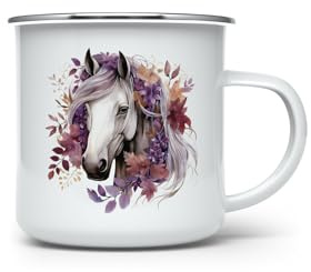 MAXIKIWI Langlebige Emaille-Kaffee- oder Tee-Camping-Tasse für drinnen und draußen, Herbst-Boho-Pferde, 350 ml