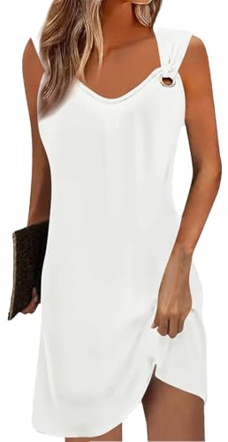 Yeenily Sommerkleid Damen Ärmellos V-Ausschnitt Freizeitkleider Elegant Tank Kleider Lässig Locker Trägerkleid Sommer Minikleid Mode Strandkleider Kurze Tunique Blushkleid (Weiß, S)