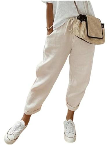 shownicer Pantalon en Coton et Lin pour Femmes Pantalon Décontracté Taille Haute à Taille élastique avec Cordon de Serrage Baggy Confortable Pantalon de Plage avec Poches A Beige XL