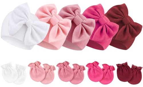 DRESHOW Bonnets de Naissance et Moufles de Protection Coton - 5 Pcs Bonnets Coordonnés et 5 Paires Mitaines Scratch de Protection Enfant Bébé Fille Garçon pour 0-6 mois