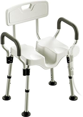 LITTNEO Silla de Ducha Regulable en Altura con Reposabrazos y Respaldo Recorte en Forma de U Patas Antideslizantes Silla de Baño con Alta Capacidad de Carga para Personas Mayores (150 kg)