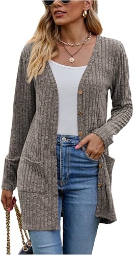 Famulily Womens Longline Waterfall Cardigans, V Neck Button Cardigan Sweater for Autumn Winter Outerwear (XL, Coffee)