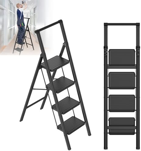 XMTECH Trittleiter 4 Stufen mit Handlauf Klappbar, Leiter Klapp-Step-Hocker mit breitem Anti-Rutsch-Pedal, Tragbarer Stufenleiter Tritthocker, bis 270KG Belastbar, für Haushalt, Büro