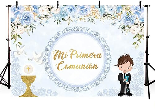 AIBIIN Toile de fond Mi Primera de 3 x 2,1 m pour garçons avec inscription « God Bless First Holy Communion » - Toile de fond pour photographie de mariage - Motif calice colombes bleues - Décoration