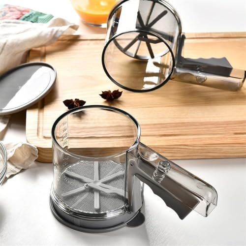 Tamiz de harina de doble capa de malla fina prensa de mano herramienta de cocina para hornear mecanismo de compresión con una sola mano Hoja giratoria Ingredientes sin grumos, gris, 218 x 115 x 108 mm