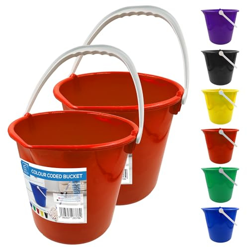 Colour Coded Plastic Bucket with 2 Gallon (7.5L) Capacity, Heavy Duty with Spout and Easy-Grip Handle for Cleaning, Bath, and Gardening (Red Pack of 2)