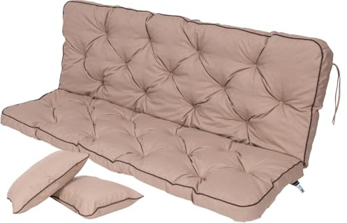 TexDeko® Ecolen Bankauflage mit Rückenlehne Outdoor 170x50x56cm Beige | Gartenschaukelkissen für Gartenbank mit Leinenoptik, wasserabweisend, UV-beständig, Polsterauflage mit Paspelrand
