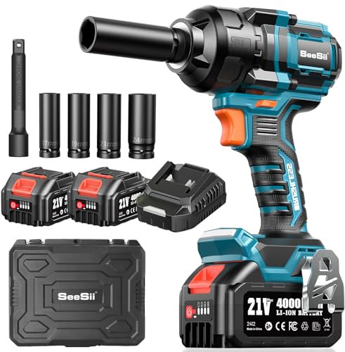 Seesii Avvitatore a Impulsi, 900 Ft-lbs (1200 N.m) 2900 IPM, Avvitatore a Impulsi a Batteria da 1/2 con batteria 21V 2x 4000mAh Batteries, 5 boccole e valigetta per auto, camion e uso domestico