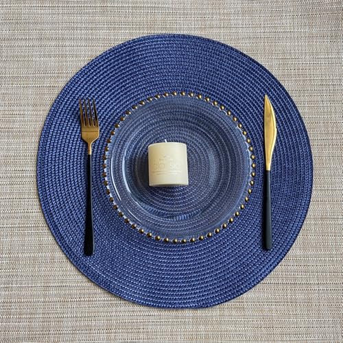 Bishilin Platzdeckchen 2er Set, Platzset Abwaschbar Rund 38CM Gewebt Textur Einfarbig Tischsets Platzsets Waschbar Plastik Dunkelblau für Holztisch Esstisch