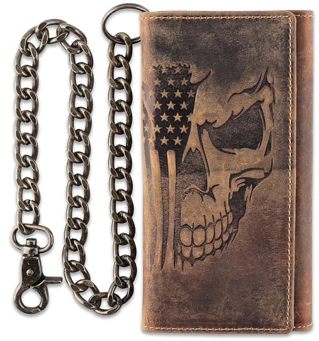 F&L CLASSIC RFID Blocking Mens Tri-fold Long Style Cowhide Leather Steel Chain Wallet,brown flag/skull,212-103
