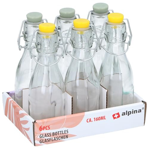 ALPINA Glass Clip Top Bottles 160ml Set of 6 Mini Airtight Preserve Bottles with Swing Top Flip Top for Oil, Vinegar, Condiments, Water, Juice, Beverages with Tight Stopper