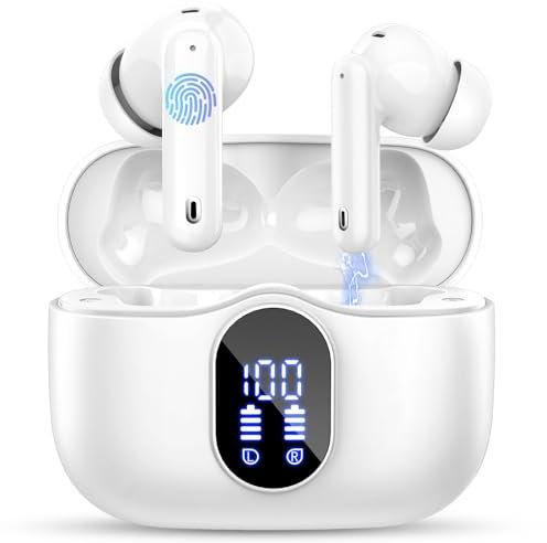 Wireless Earbuds, Bluetooth 5.4 Headphones In Ear with 4 ENC Mic, 2025 Wireless Earphones Noise Cancelling Deep Bass, LED Display, Bluetooth Earbuds 36H Playtime, IP7 Waterproof Ear buds, USB-C White
