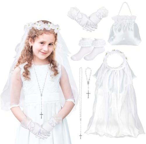 Coroncina Prima Comunione Bambina - Set Velo, Corona Fiore, Collana Rosario, Bracciale, Borsa, Guanti Bianchi Fiocco, Calzini