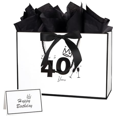 12,6 tum 40:e födelsedag presentpåse med presentkort och silkespapper för män kvinnors 40:e födelsedagstillbehör (vit 40:e)