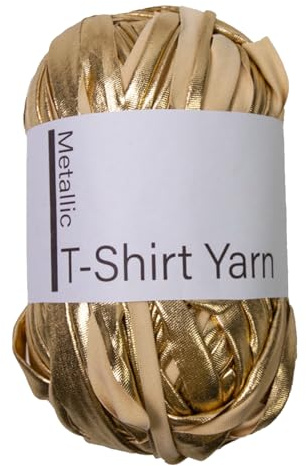 Metalic - de lana para camiseta, 100 g, tiras de tela brillante tejida a mano con un solo lado, tela brillante de piel sintética para bolsas de ganchillo, cestas, color dorado